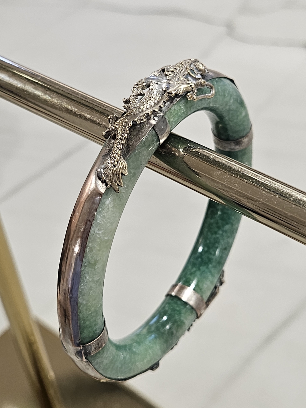 Vintage Art Deco Chinese Green Jade Sterling Silver Dragon Bangle Bracelet